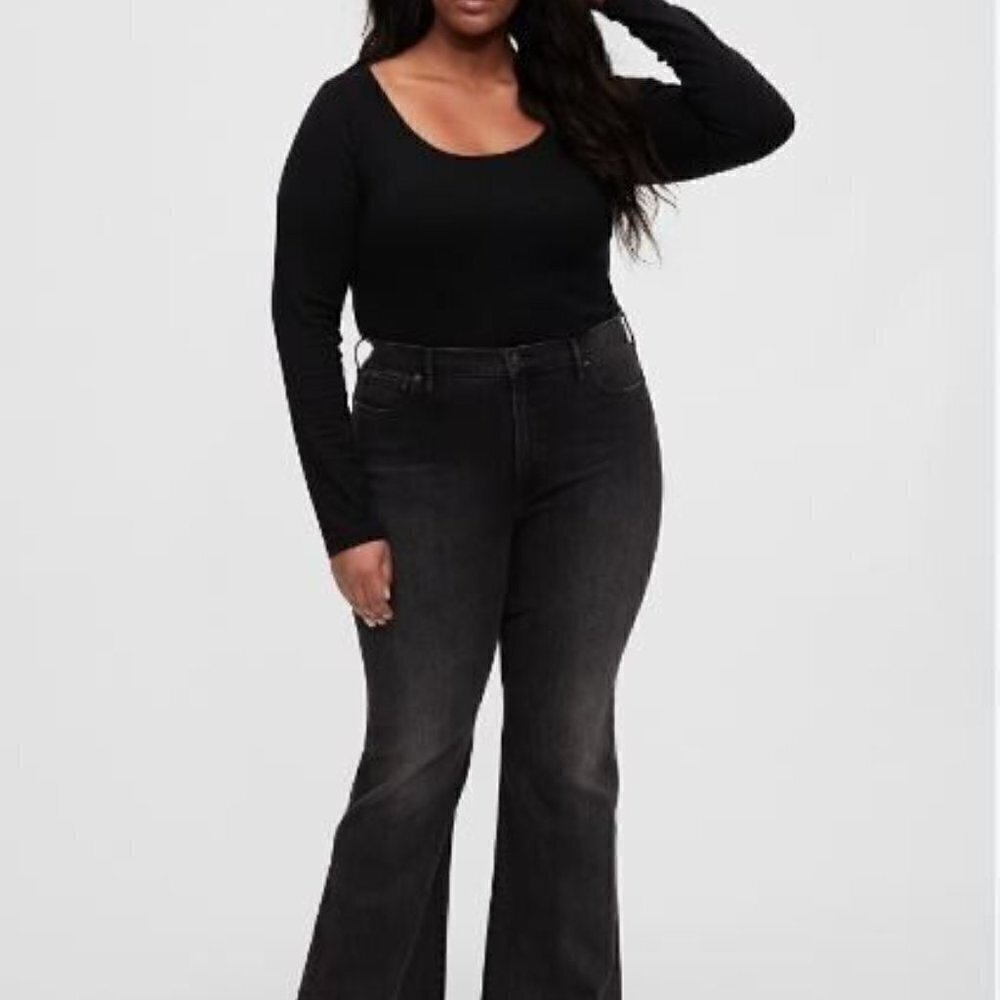 GAP High-Rise Black FLARE Slimming Jeans Size 16/33 PETITE Boho 90's Y2K Vibes - Picture 2 of 6